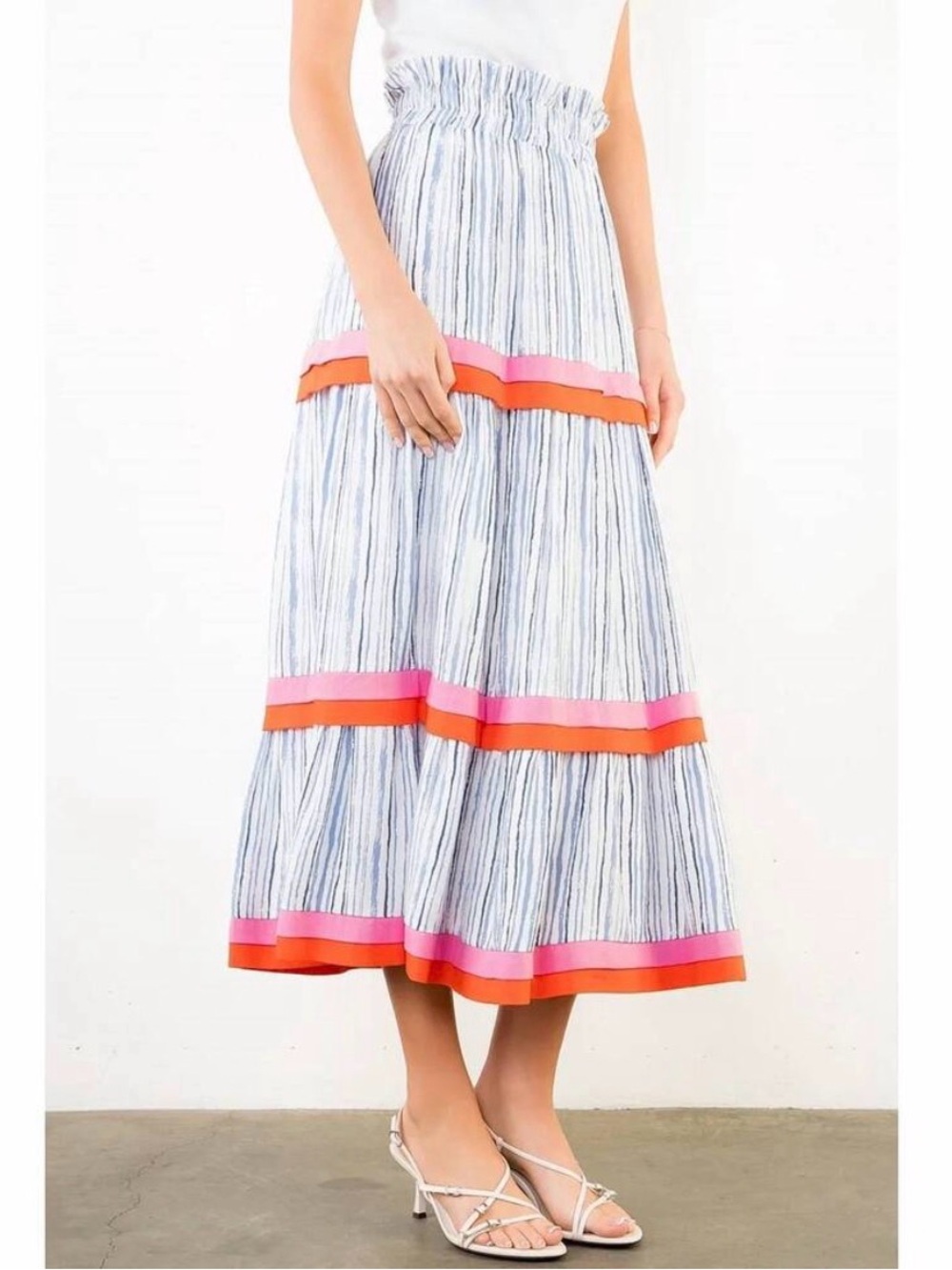 NWT THML Striped Tiered Maxi Skirt with Pink and Orange Trim